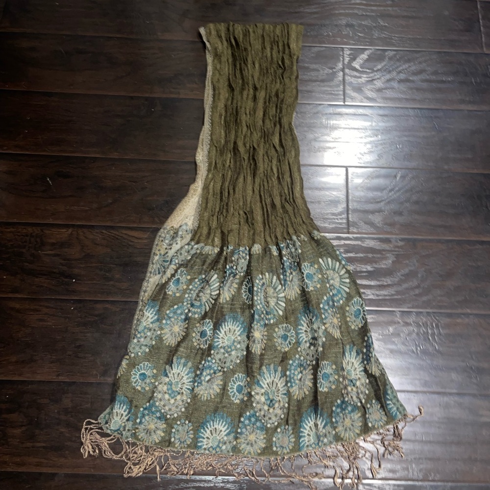 Bohemian Floral Green Knit Scarf Blend Fringe